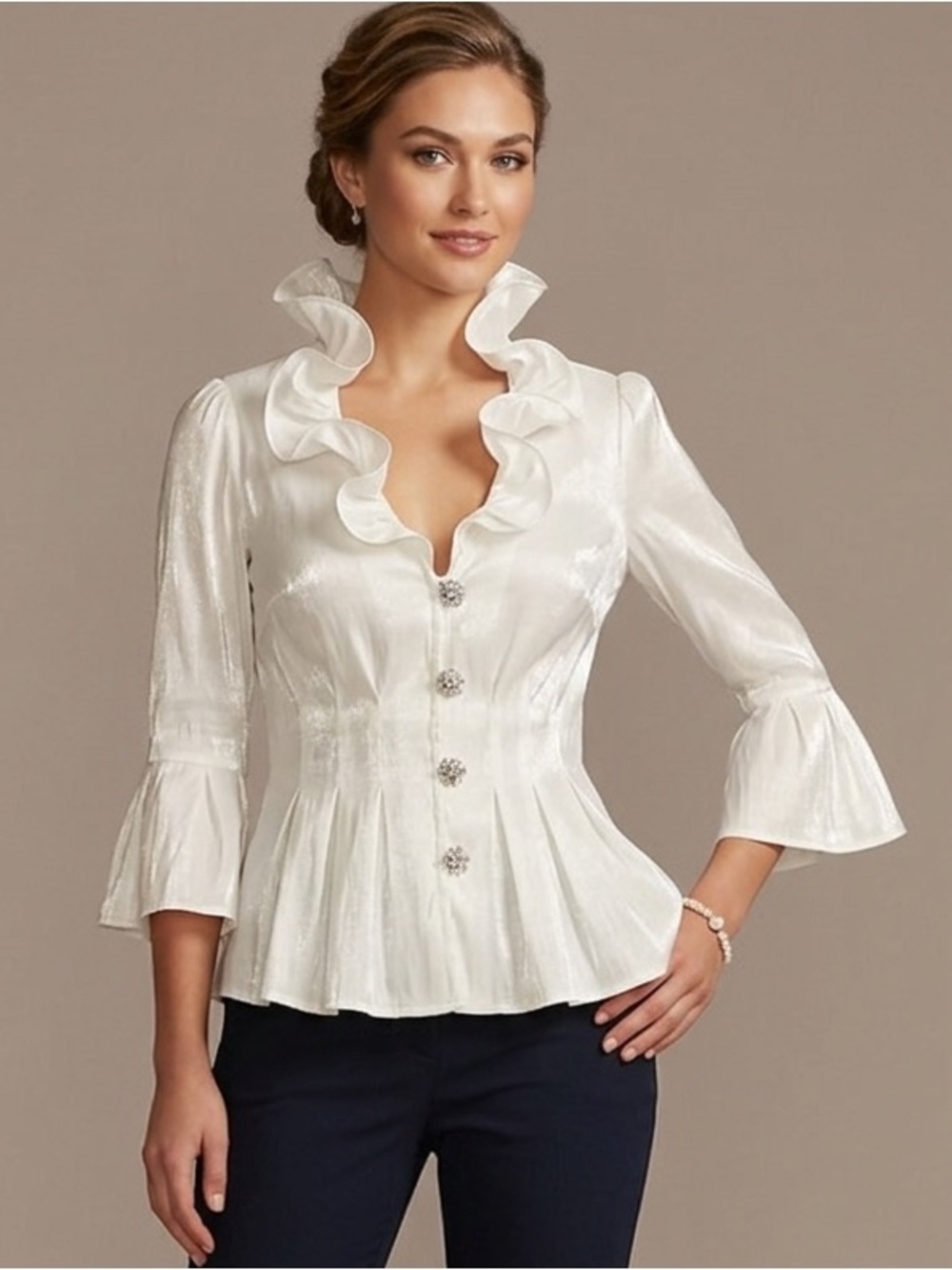 Chetta B Evening Blouse Women's 16 Ivory Ruffle Neck Rhinestone Button